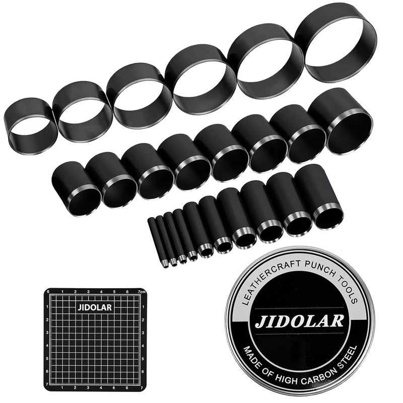 JIDOLAR 24 Pieces Leather Circle Cutter Tool Set, Hole Punch Tools with 1-15mm 20 25 30 35 40 45 50 55 60mm, High Carbon Steel Round Cutting Dies, Hole Punch Tool Kit for DIY Leather Crafts - Image 1